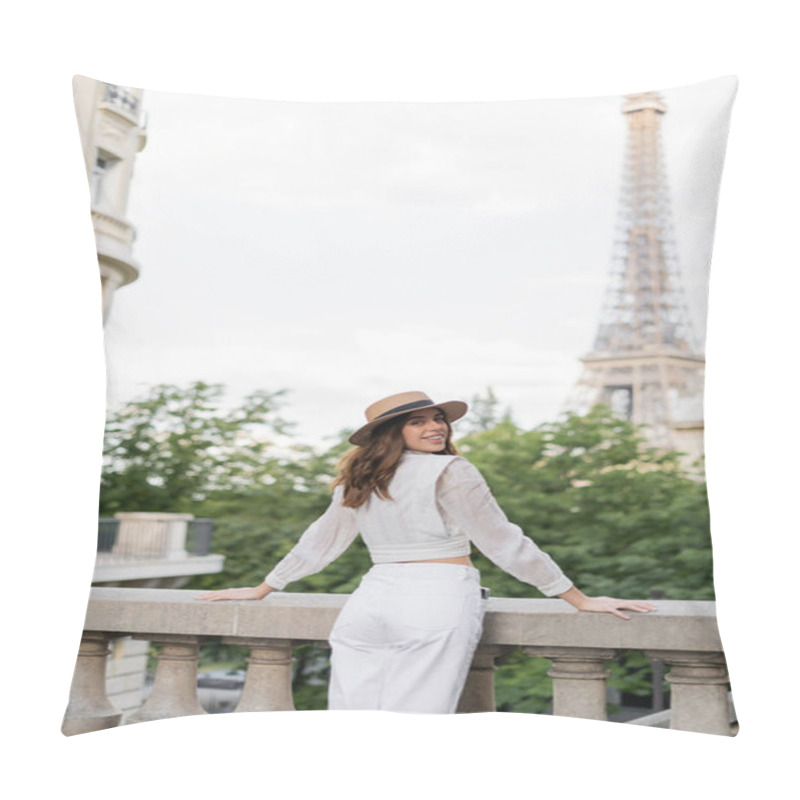 Personality  Happy Young Woman In Blouse And Sun Hat Standing With Eiffel Tower At Background In Paris  Pillow Covers