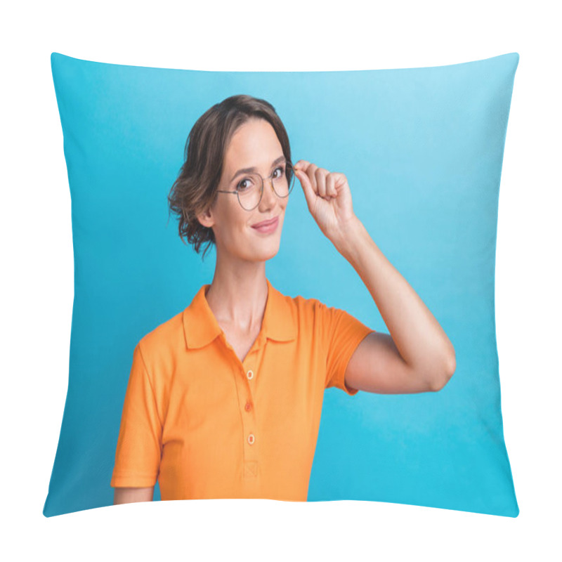 Personality  Photo Of Smart Clever Lady Wear Orange T-shirt Arm Spectacles Smiling Isolated Blue Color Background. Pillow Covers