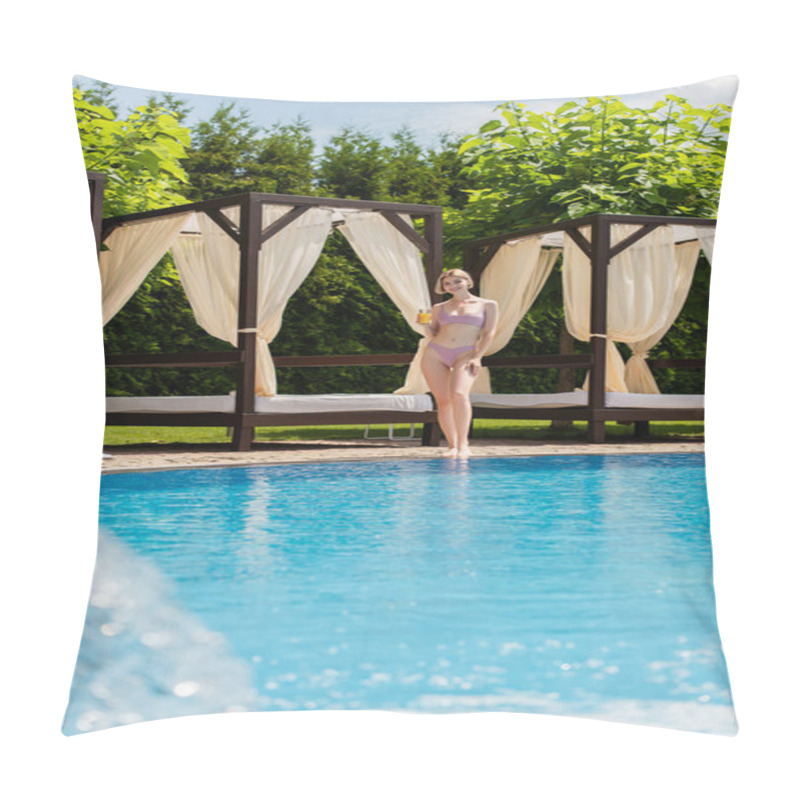 Personality  Pretty Woman Holding Orange Juice Near Swimming Pool During Weekend  Pillow Covers