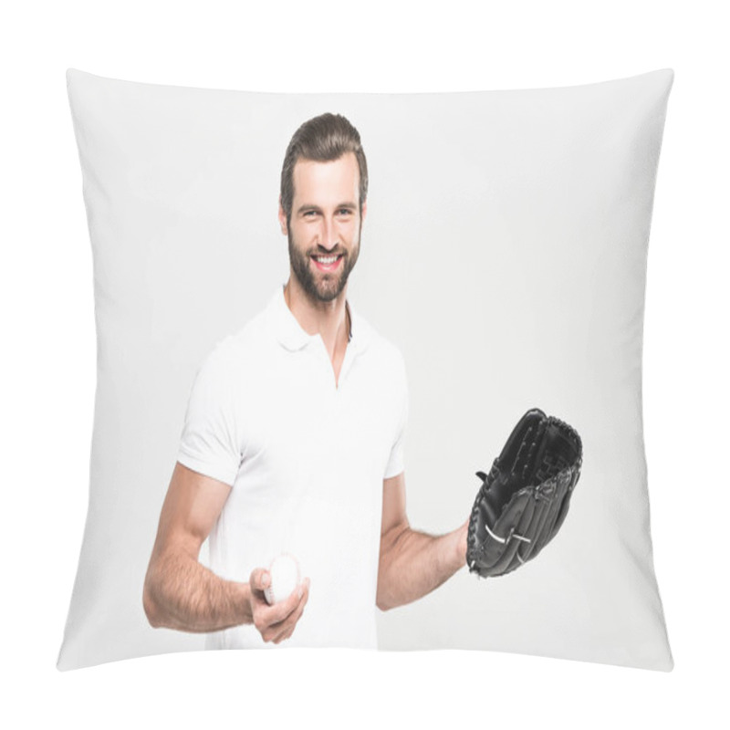 Personality  Smiling Bearded Sportsman With Baseball Mitt And Ball, Isolated On Grey Pillow Covers