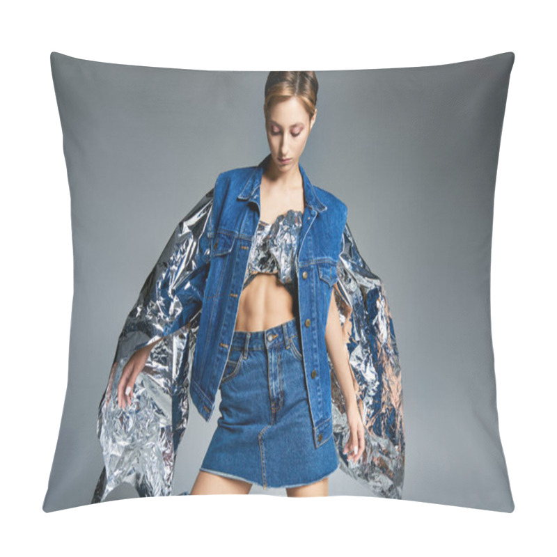 Personality  A Woman Models A Denim Jacket And Skirt With Metallic Accents For A Sustainable Fashion Look. Pillow Covers