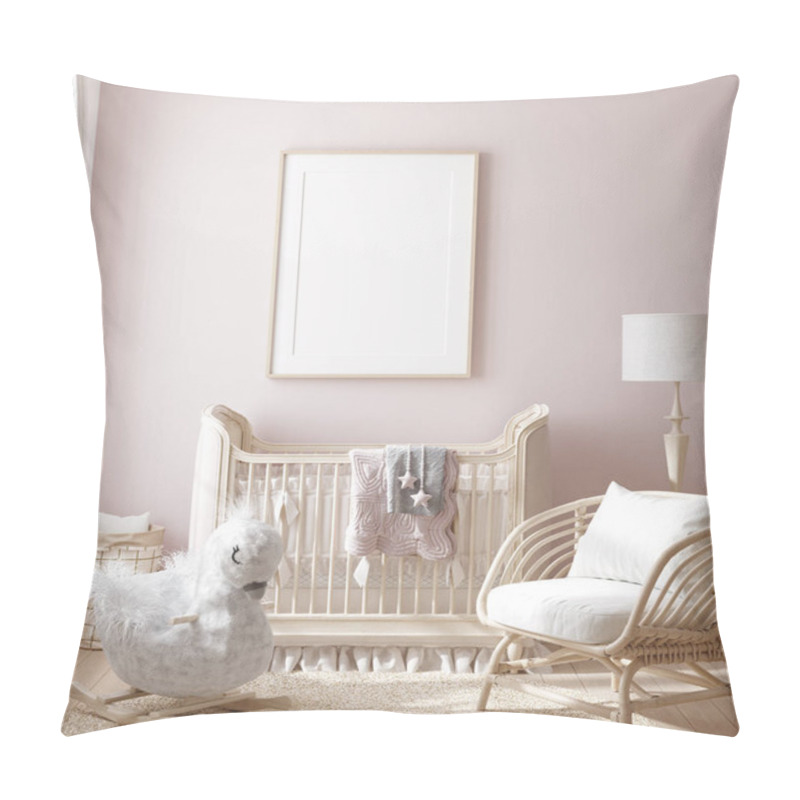 Personality  Mock Up Frame In Girl Nursery With Natural Wooden Furniture, 3D Render Pillow Covers