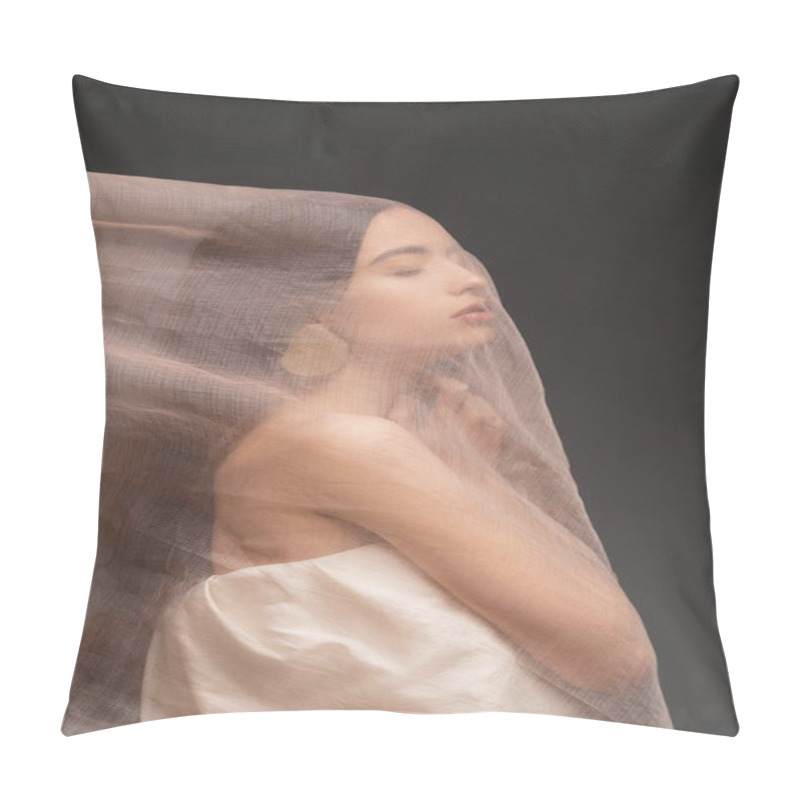 Personality  Young Long Haired Asian Woman In Top Standing Under Beige Cloth Isolated On Black Pillow Covers