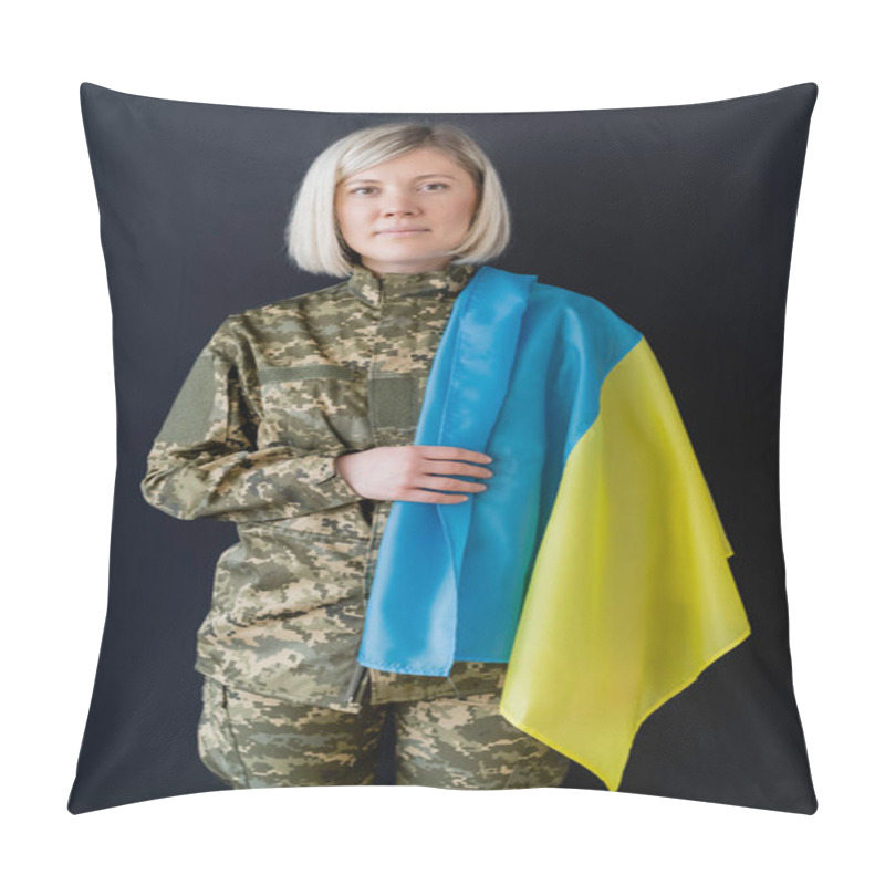 Personality  Blonde Military Woman With Ukrainian Flag Looking At Camera Isolated On Black Pillow Covers