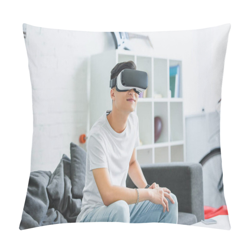 Personality  Smiling Young Asian Man Using Virtual Reality Headset At Home Pillow Covers