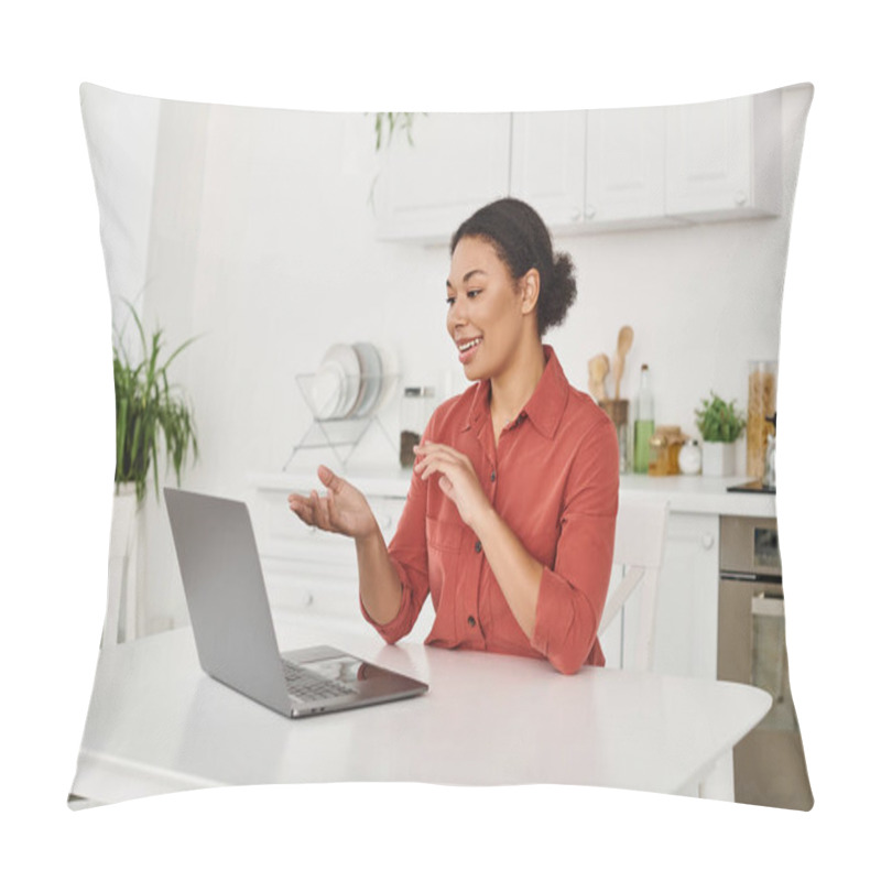 Personality  Happy African American Nutritionist Providing Online Consultation While Working Remotely From Home Pillow Covers