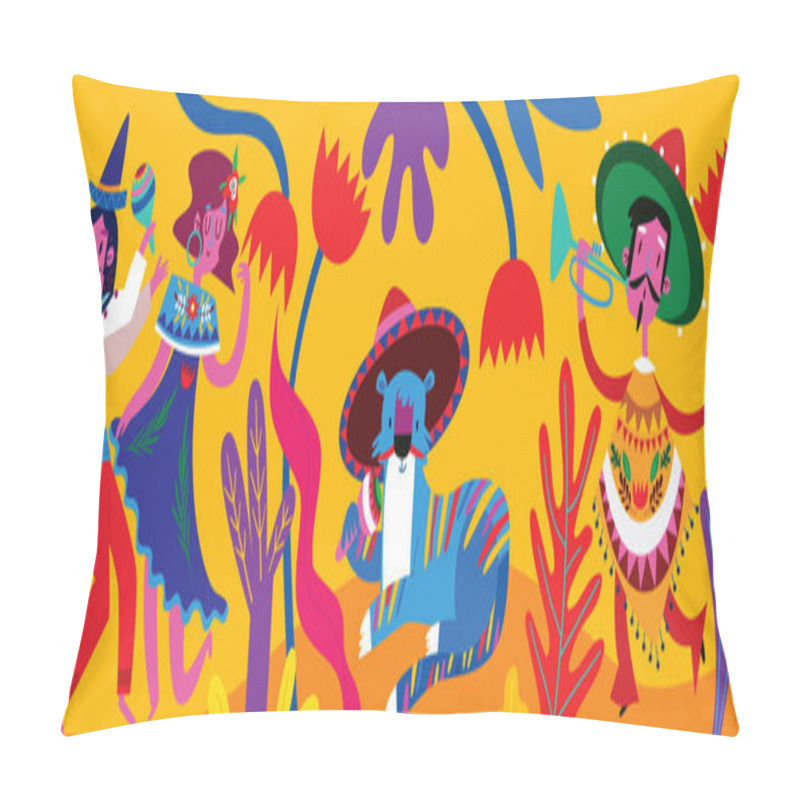 Personality  Funny Mexicans Dancing, Illustration Banner On Yellow Background Pillow Covers