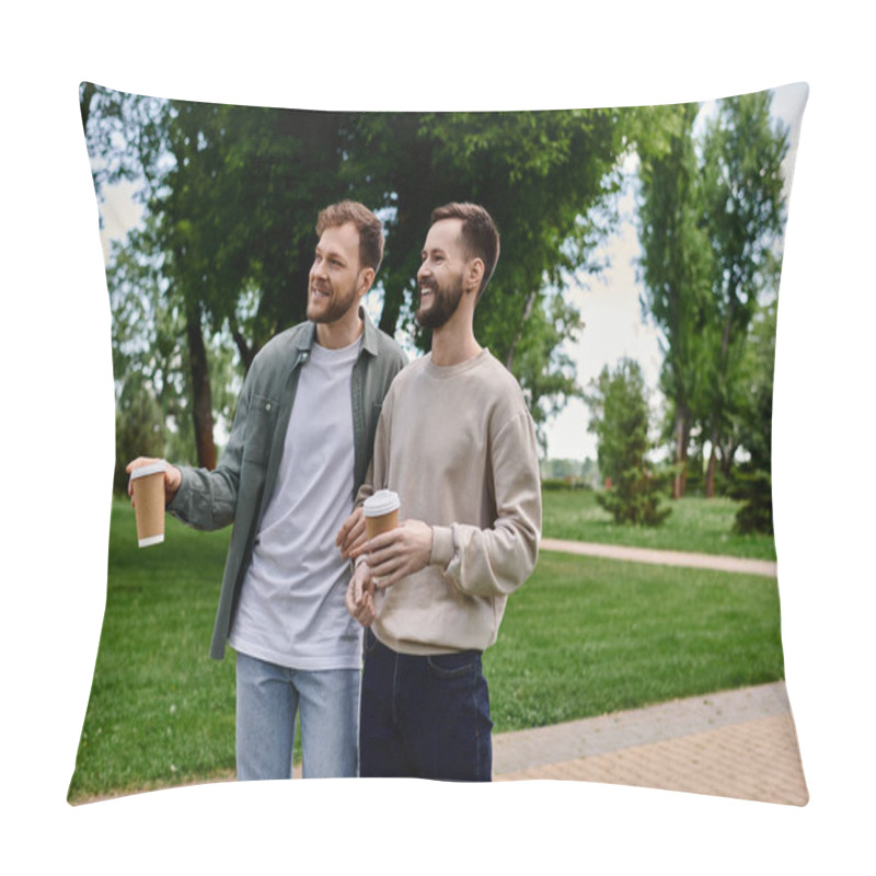 Personality  Two Bearded Men, Dressed Casually, Share A Laugh While Walking In A Park, Each Holding A Cup Of Coffee. Pillow Covers