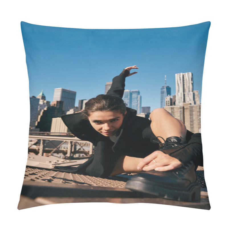 Personality  Woman Dances On NYC Bridge Amid Towering Skyscrapers. Pillow Covers