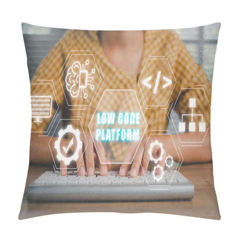 Personality  Low Code software development platform technology concept, Woman hand typing on keyboard computer with Low Code software development platform icon on virtual screen. pillow covers