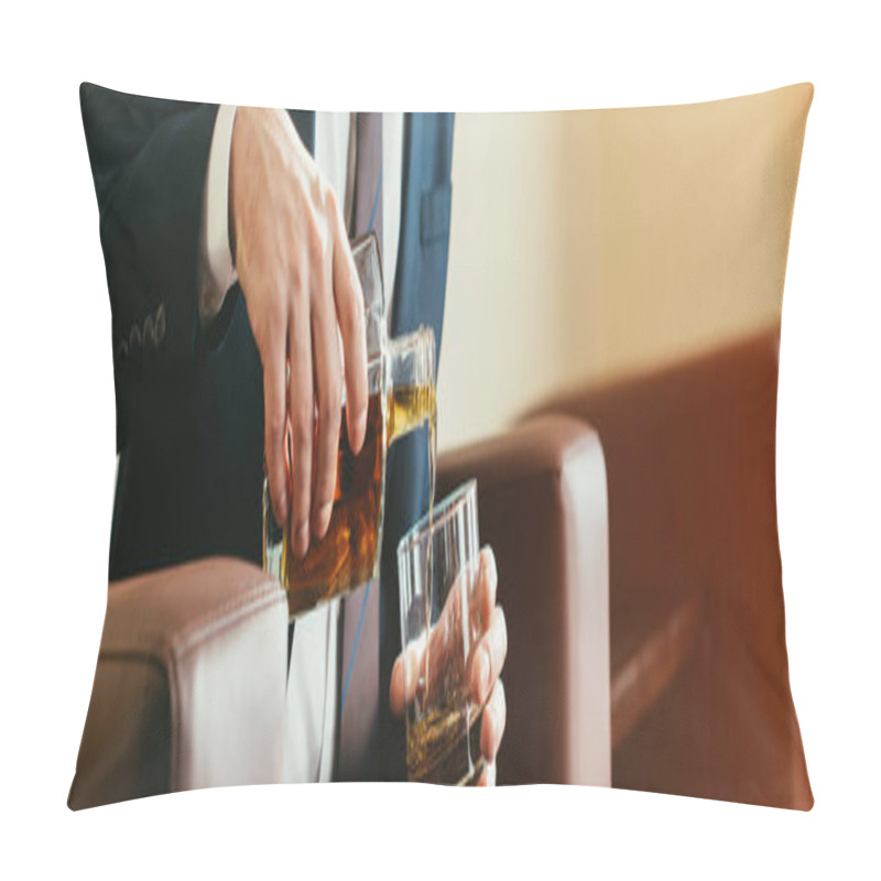 Personality  Cropped View Of Businessman Pouring Whiskey From Bottle Into Glass In Hotel Room  Pillow Covers