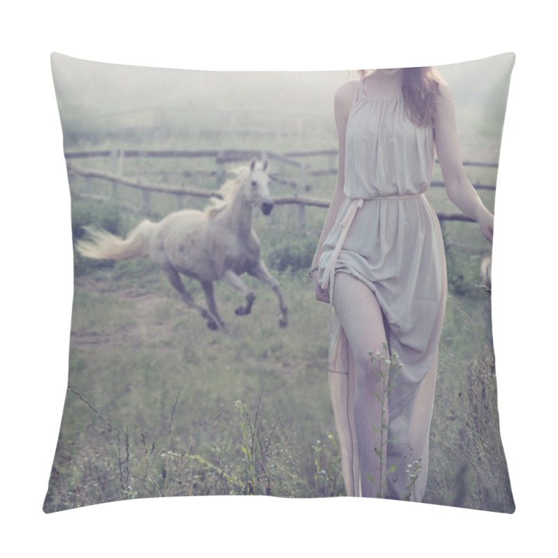 Personality  Delicate Brunette Posing With Horse In The Background Pillow Covers