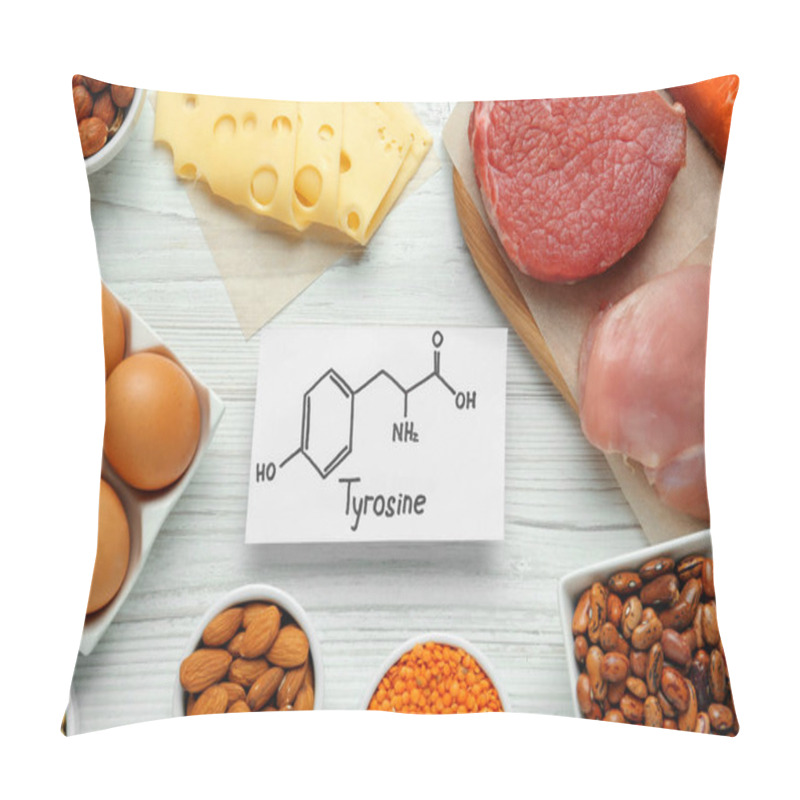 Personality  Different Fresh Products And Paper With Tyrosine Chemical Formula On White Wooden Table, Flat Lay. Sources Of Essential Amino Acids Pillow Covers