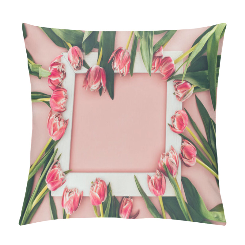 Personality  Beautiful Pink Tulips With Green Leaves And Empty White Frame On Pink    Pillow Covers