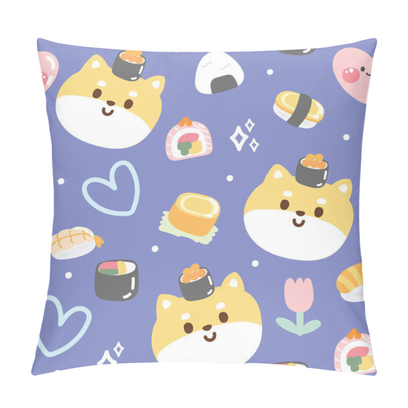 Personality  Seamless Pattern Of Cute Shiba Inu Dog With Various Sushi On Pastel Background.Japanese Pet Animal Character Cartoon Design.Baby Clothing.Kawaii.Vector.Illustration. Pillow Covers