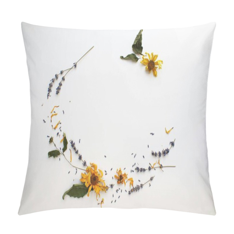 Personality  Delicate Arrangement Of Dried Yellow Flowers And Lavender On A Light Surface. Pillow Covers