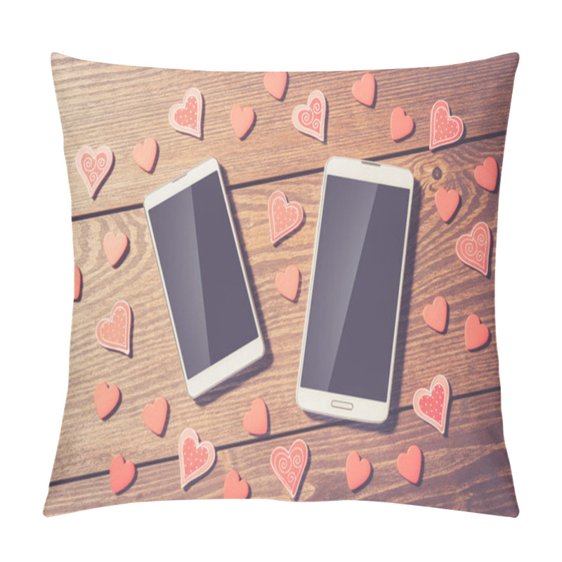 Personality  Red Hearts And White Smart Phone With Blank Screen On An Old Wooden Table Pillow Covers