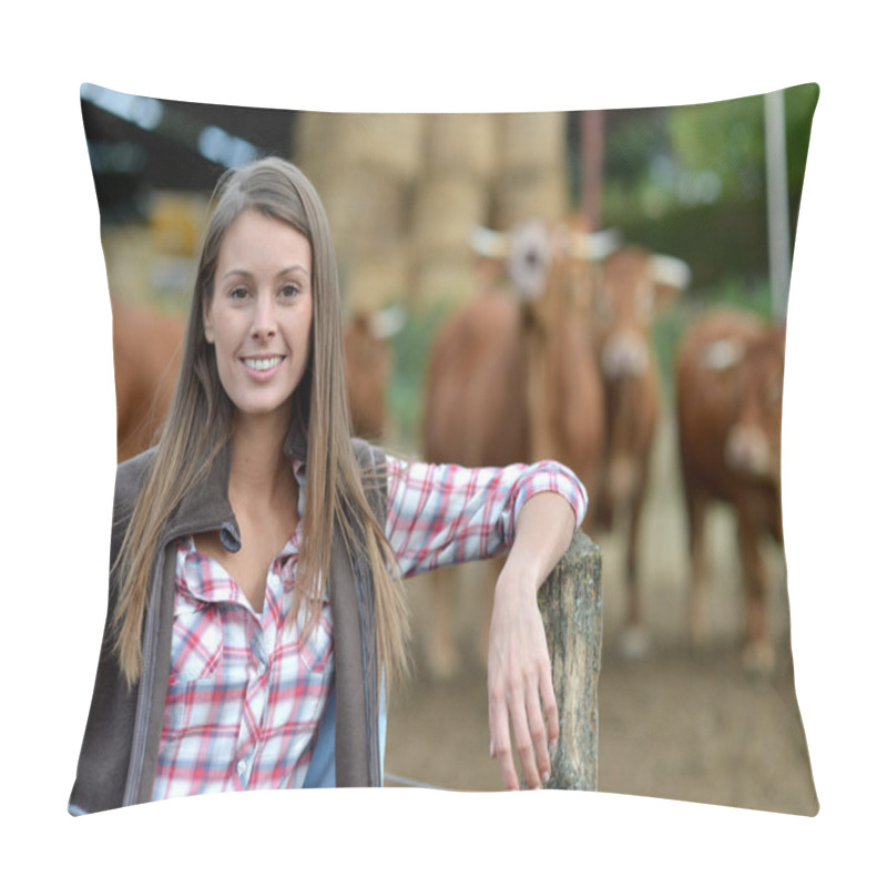 Personality  Smiling Farmer Woman Standing By Cattle Outside Pillow Covers