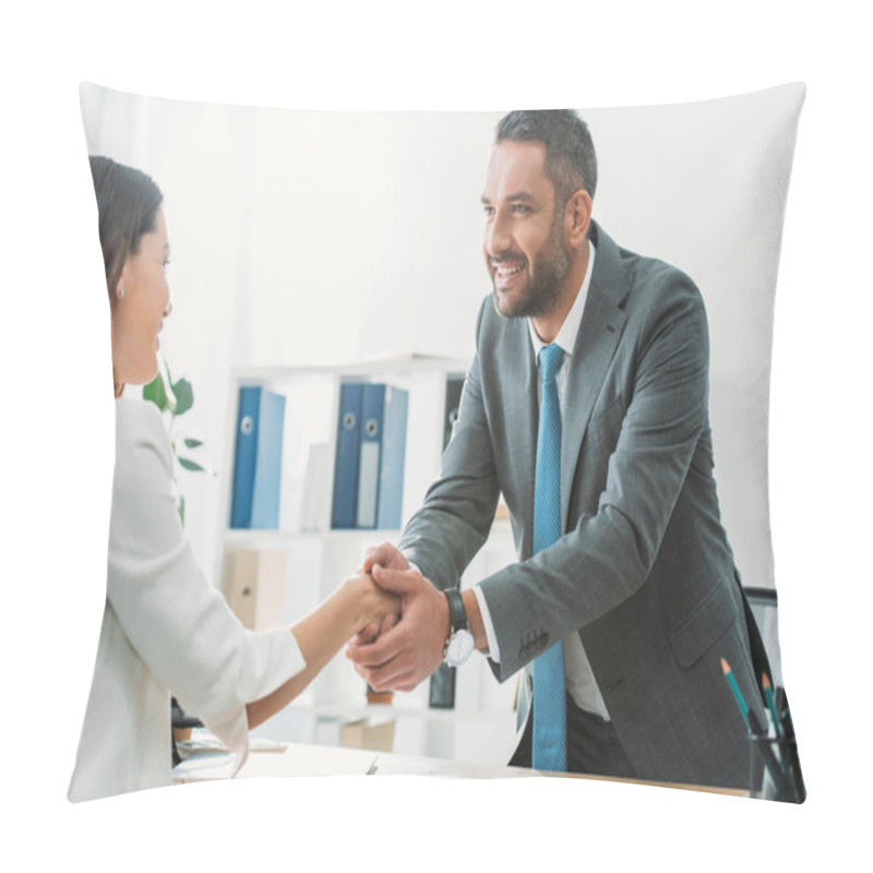 Personality  Handsome Advisor In Suit Shaking Hands With Investor At Workplace   Pillow Covers