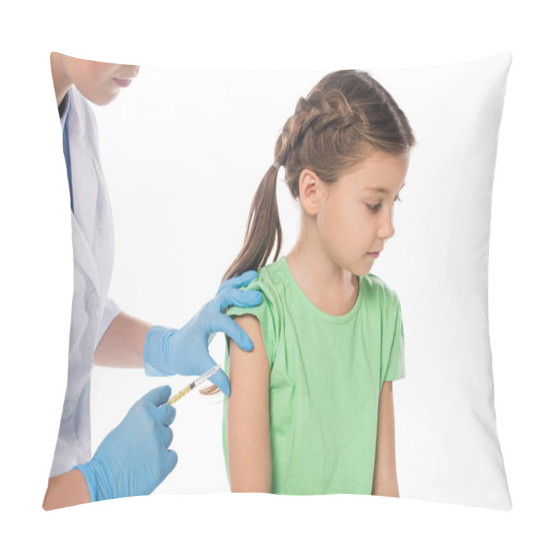 Personality  Pediatrician Doing Injection With Vaccine To Kid Isolated On White Pillow Covers