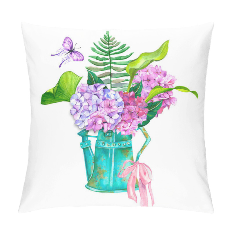 Personality  Beautiful Bouquet Of Flowers In Early Spring In A Watering Can. Watercolor Watering Can With Hydrangea, Eucalyptus And Fern Leaves Isolated. Pillow Covers