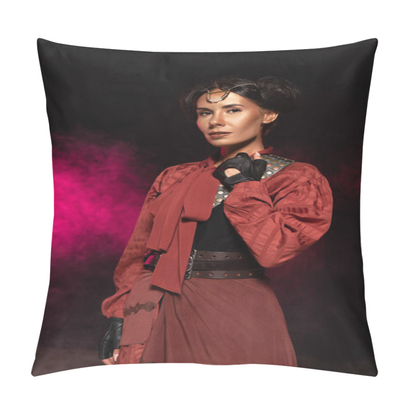 Personality  Attractive Steampunk Woman Looking At Camera In Smoke On Black Pillow Covers