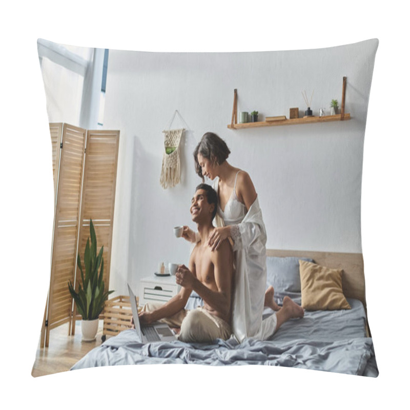 Personality  A Young Multicultural Couple Enjoys A Cozy Morning In Their Bedroom, Sharing A Cup Of Coffee And Working On A Laptop. Pillow Covers