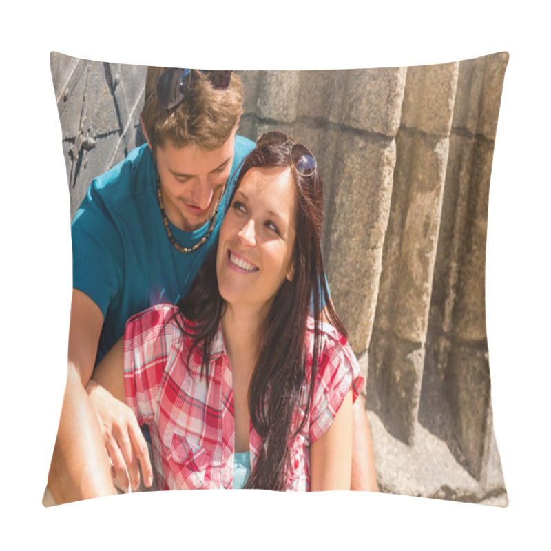 Personality  Young Happy Couple Lean Against Building Door Pillow Covers