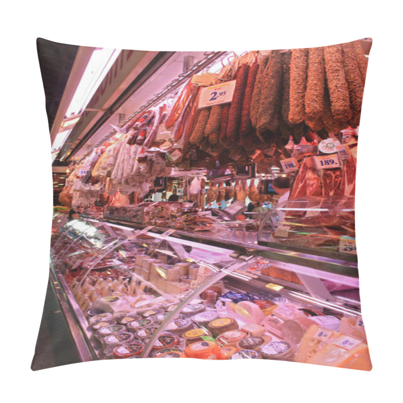 Personality  BARCELONA - SEPTEMBER 10, 2016. The Showcase With Sausage And Cheese  In The Famous La Boqueria Market In Barcelona, Spain Pillow Covers