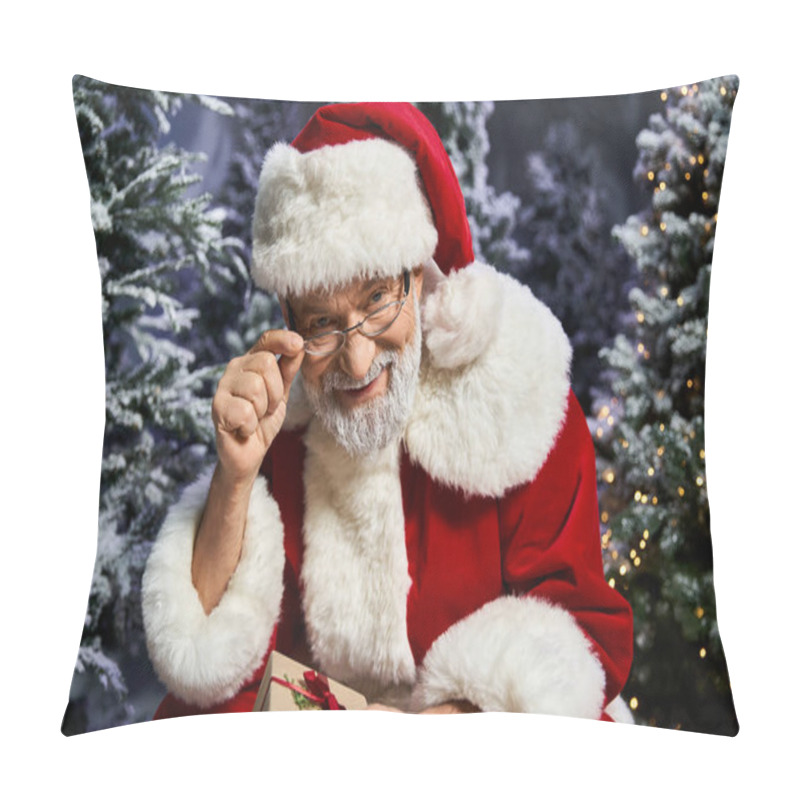 Personality  A Joyful Santa Claus With Glasses Holds A Gift While Surrounded By Snowy Evergreen Trees. Pillow Covers