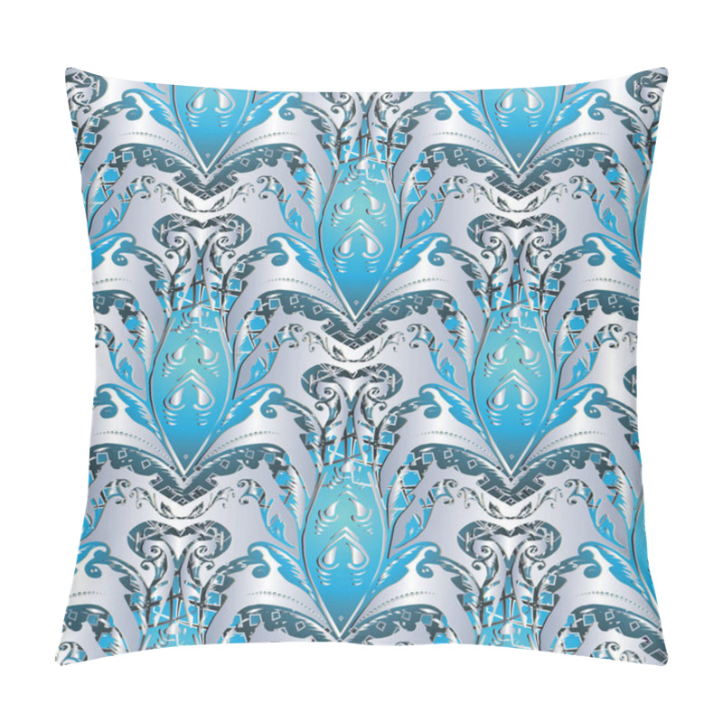 Personality  Baroque Blue Silver Seamless Pattern. Vector Floral Background  Pillow Covers