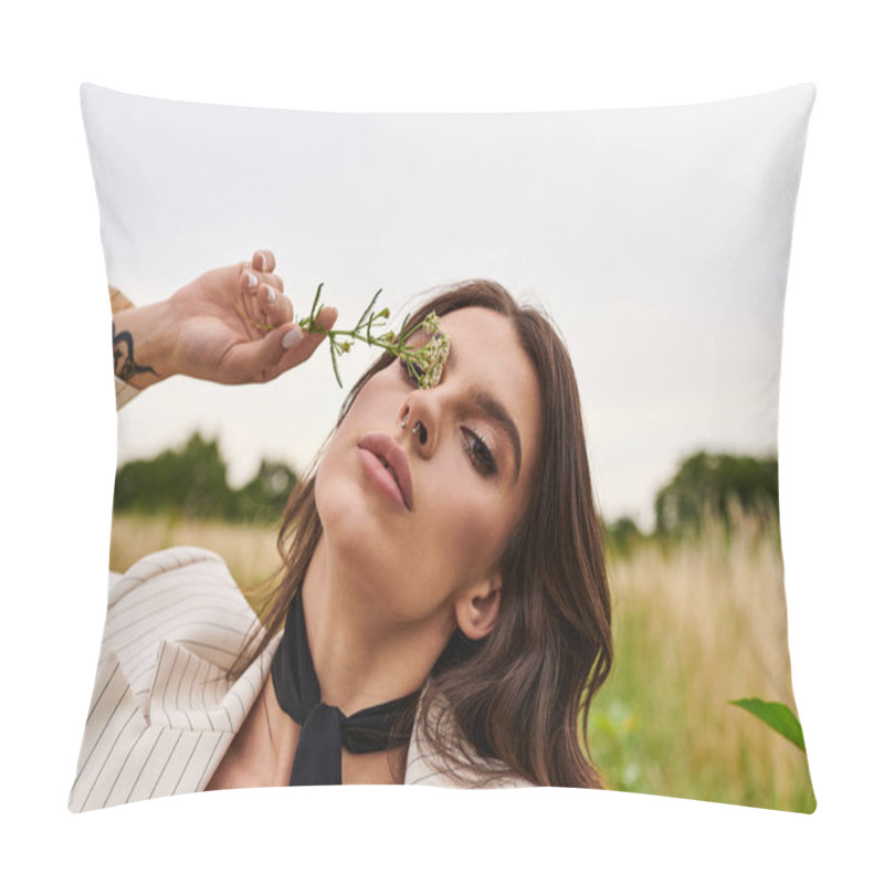 Personality  A Beautiful Young Woman In White Attire Enjoys A Summer Breeze In A Field, Holding A Flower In Her Hand. Pillow Covers