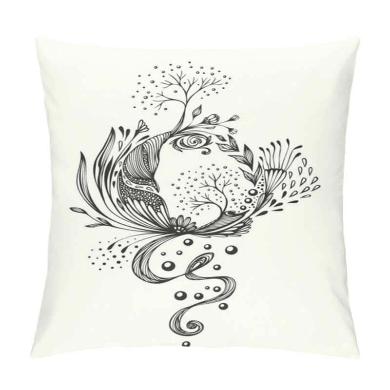 Personality  Abstract World With Trees Flowers Leaves Petals  Black On White. Symbolic Composition.  Metamorphosis  Of Nature For Using In  Ecological Themes. Concept Recirculation Interrelation In World Of Plants    Pillow Covers