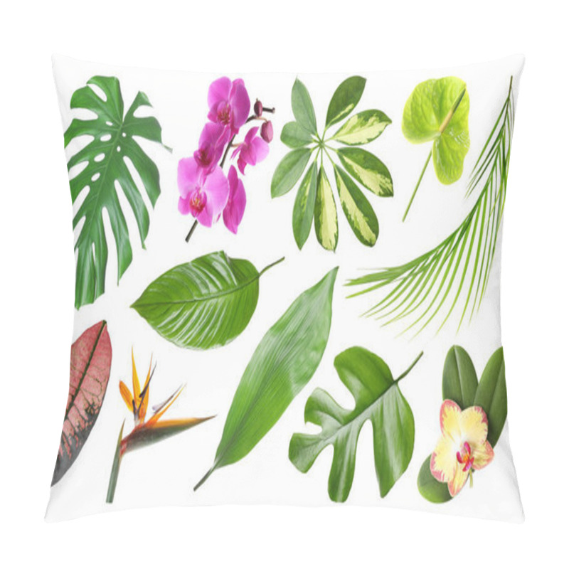 Personality  Set Of Fresh Tropical Leaves And Flowers On White Background Pillow Covers