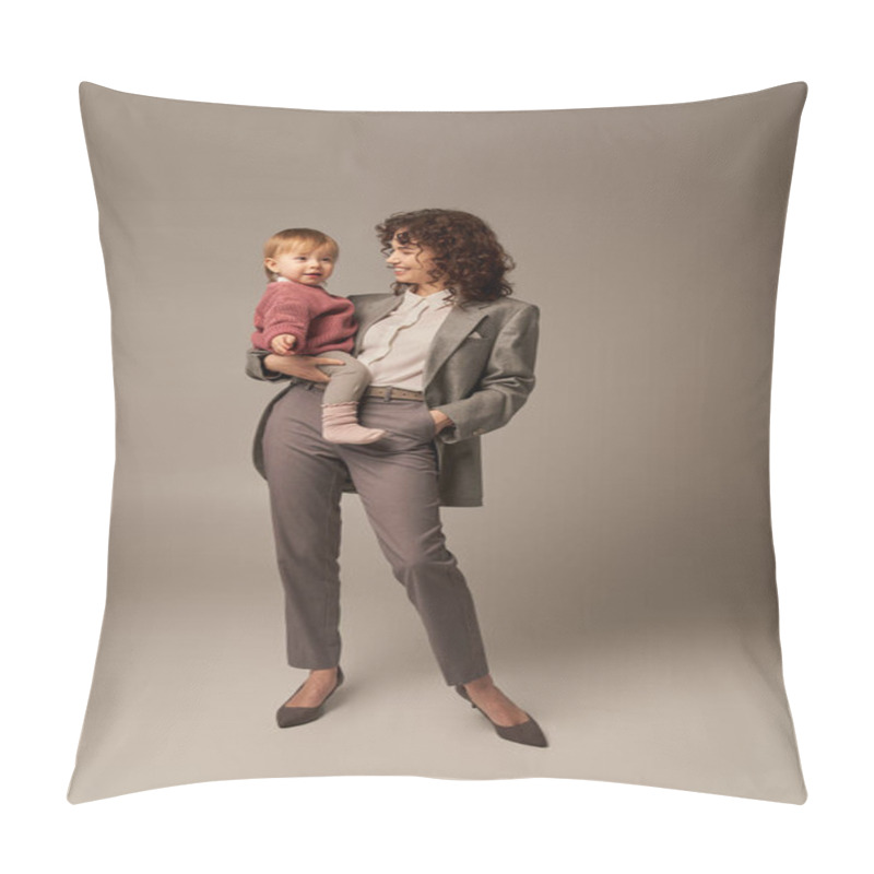 Personality  Quality Time, Work Life Balance Concept, Smiling Woman In Suit Holding Daughter And Standing With Hand In Pocket On Grey Background, Career And Family, Loving Motherhood, Full Length  Pillow Covers