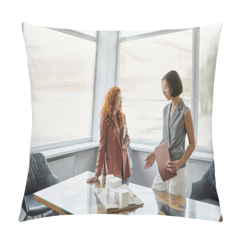 Personality  Young Businesswoman Talking To Redhead Designer Near Architectural Model In Modern Office Pillow Covers