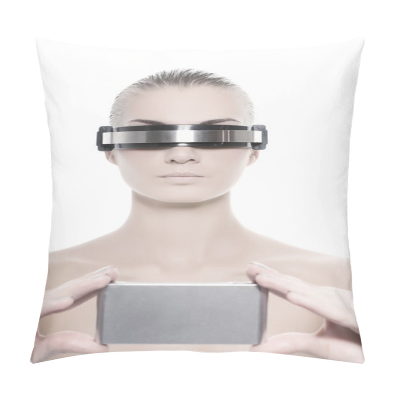 Personality  Cyber Woman Holding Silver Gadget Pillow Covers