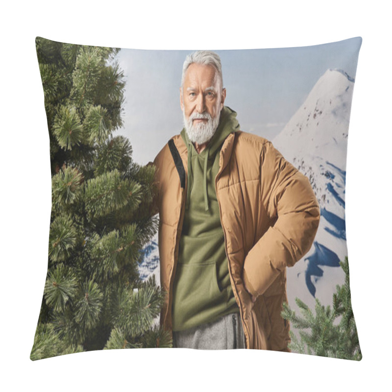 Personality  Athletic Santa Standing Next To Pine Tree And Looking At Camera With Hand On Hip, Winter Concept Pillow Covers