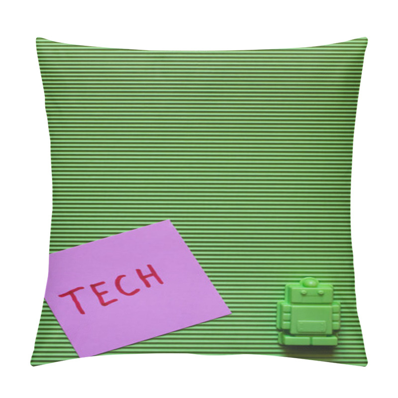 Personality  Top View Of Plastic Toy Robot Near Purple Paper With Tech Lettering On Green Textured Background Pillow Covers