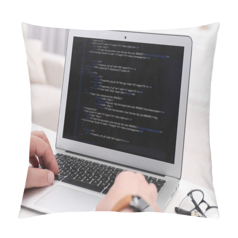 Personality  Programmer Working With Laptop At White Desk In Office, Closeup Pillow Covers