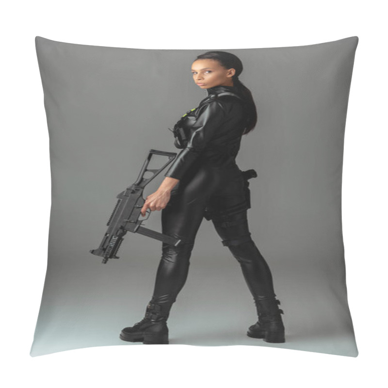 Personality  Futuristic African American Woman With Assault Rifle On Grey Pillow Covers