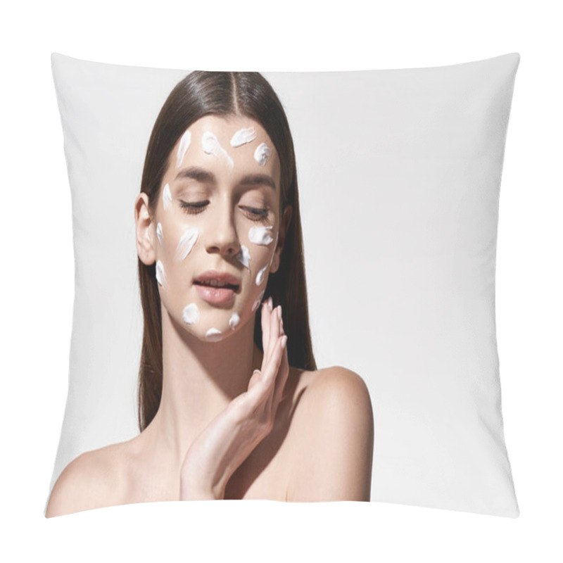 Personality  A Captivating Young Woman With Delicate White Cream Adorning Her Face, Exuding Beauty And Grace. Pillow Covers