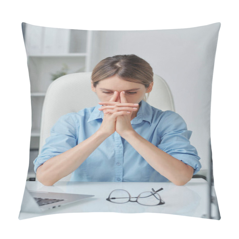 Personality  Young Tense Businesswoman Keeping Her Hands By Face While Trying To Concentrate On Work And Thinking About New Strategies In Office Pillow Covers