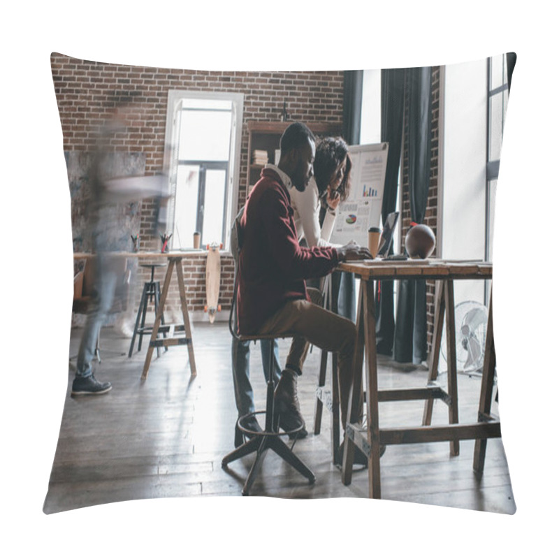 Personality  African American Couple Of Casual Businesspeople Working At Desk With Colleagues In Motion Blur In Modern Loft Office Pillow Covers