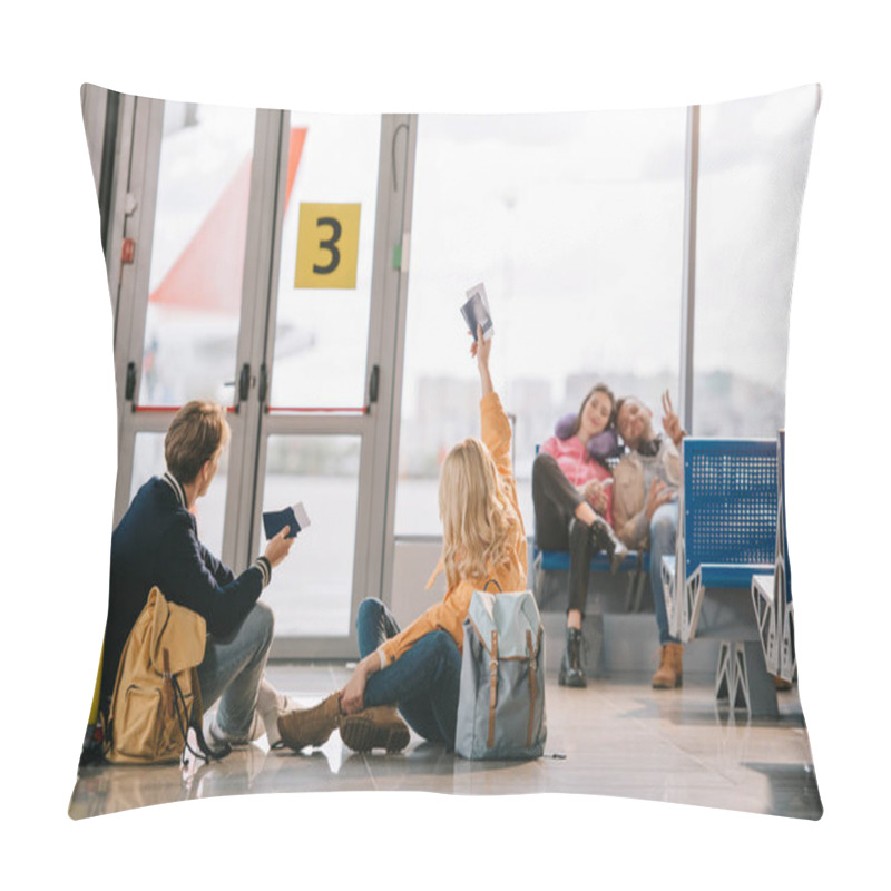 Personality  Young Travelers With Passports And Boarding Passes Greeting Each Other In Airport Terminal Pillow Covers