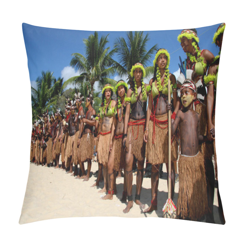 Personality  Santa Cruz Cabralia, Bahia / Brazil - April 19, 2009: Pataxo Indians Are Seen During Disputes At Indigenous Games In The Coroa Vermelha Village In The City Of Santa Cruz Cabralia. Pillow Covers