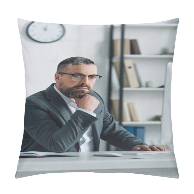 Personality  Handsome Businessman In Formal Wear And Glasses Looking At Camera In Office  Pillow Covers