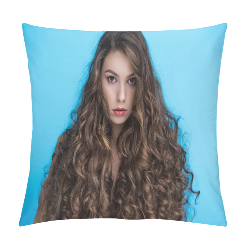 Personality  Attractive Young Woman With Long Curly Hair Isolated On Blue Pillow Covers