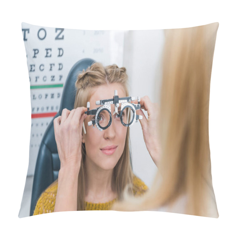 Personality  Cropped View Of Oculist And Young Patient With Trial Frame In Clinic Pillow Covers