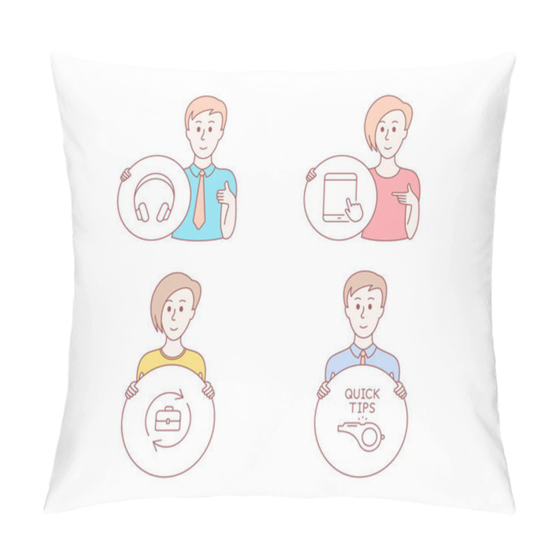 Personality  People Hand Drawn Style. Set Of Headphones, Human Resources And Tablet Pc Icons. Tutorials Sign. Music Listening Device, Job Recruitment, Touchscreen Gadget. Quick Tips Pillow Covers